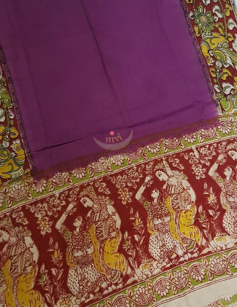 Purple Handloom Mul cotton kalamkari duppata with Radha Krishna and parrot motif