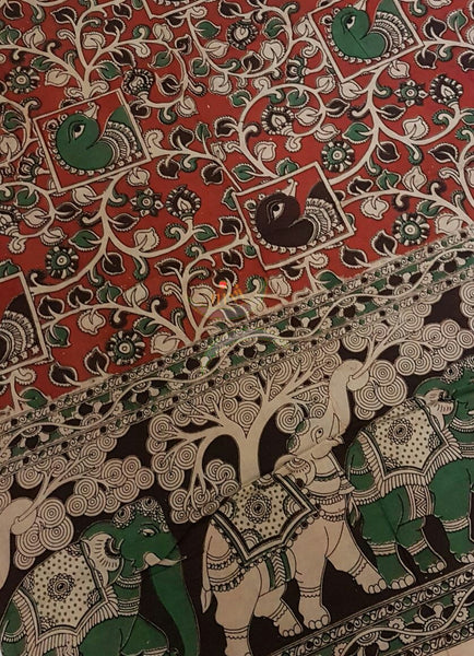 Red Handloom cotton kalamkari duppata with floral peacock and elephant motif