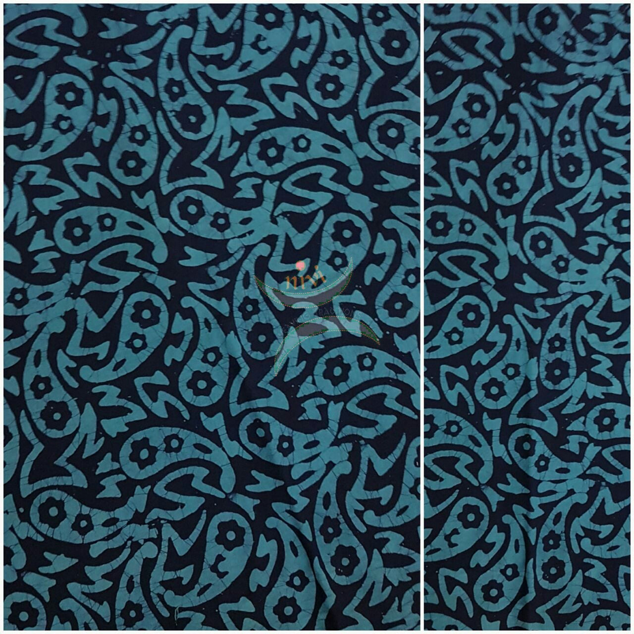 Black with teal blue paisley abstract motif batik printed handloom cotton
