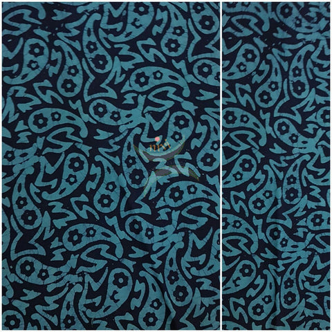 Black with teal blue paisley abstract motif batik printed handloom cotton