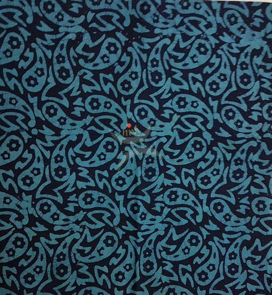 Black with teal blue paisley abstract motif batik printed handloom cotton