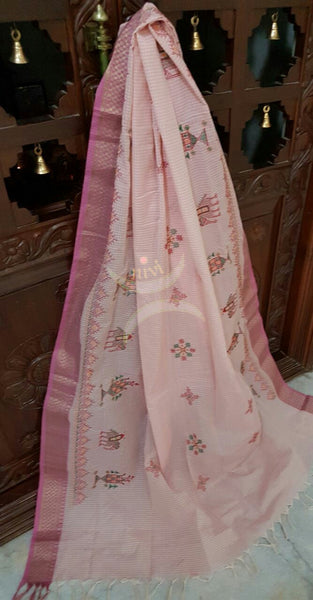 Pink chequered kota cotton Kasuti embroidered with Traditional anne gopura motifs.