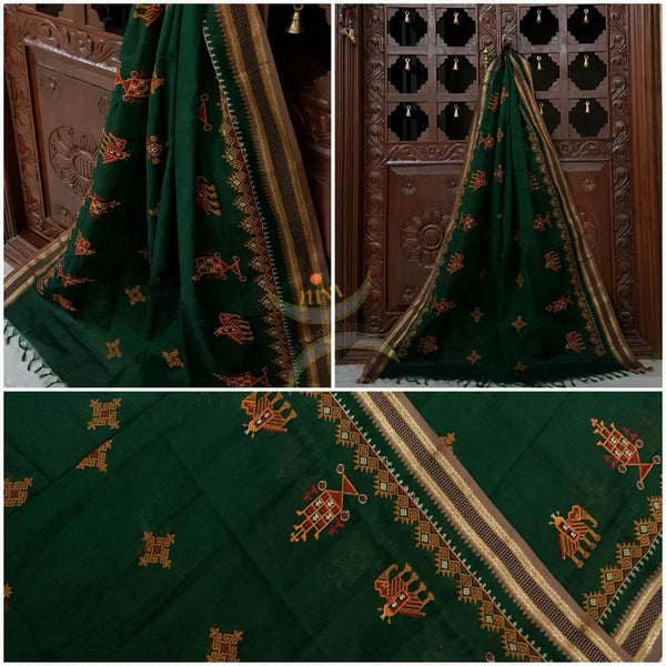 Green with beige kota cotton Kasuti embroidered with Traditional anne gopura motifs.