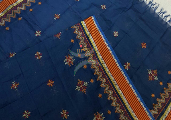 Blue with orange red kota cotton Kasuti embroidered with Traditional geometric motifs.