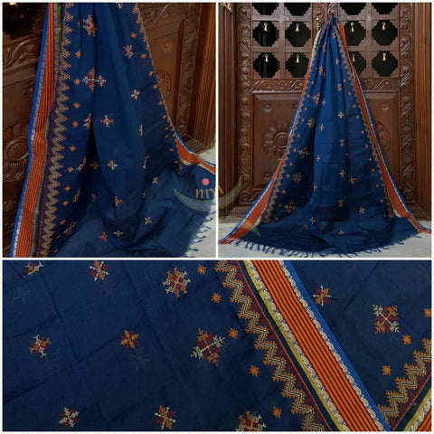 Blue with orange red kota cotton Kasuti embroidered with Traditional geometric motifs.