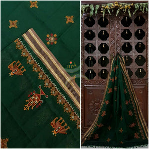 Green with beige kota cotton Kasuti embroidered with Traditional anne gopura motifs.
