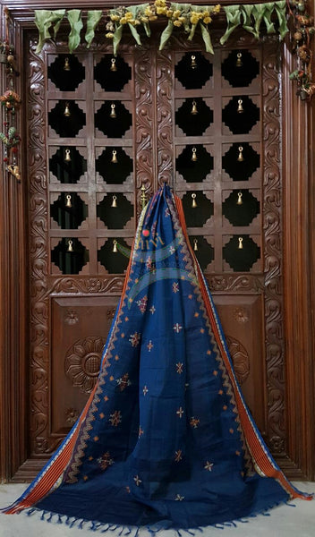 Blue with orange red kota cotton Kasuti embroidered with Traditional geometric motifs.