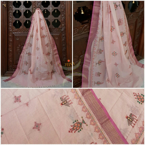 Pink chequered kota cotton Kasuti embroidered with Traditional anne gopura motifs.