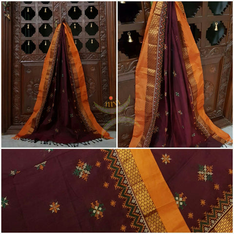 Maroon with orange kota cotton Kasuti embroidered duppata with Traditional geometric motifs.