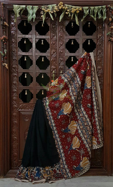 Black dye on dye chennur silk kalamkari with camel motif on border and dancing figures on pallu.