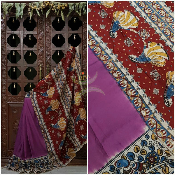 Purple dye on dye chennur silk kalamkari with peacock motif on border and dancing figures on pallu.