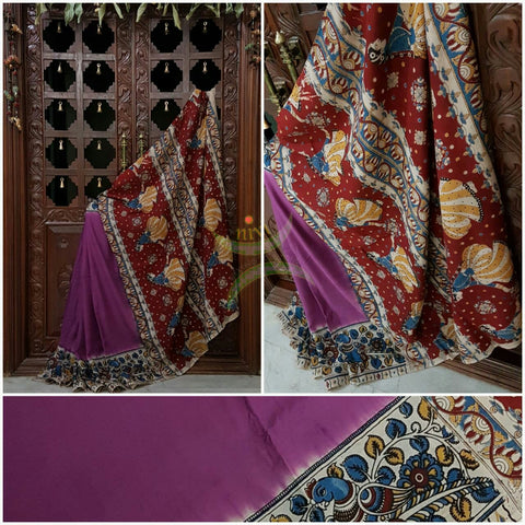 Purple dye on dye chennur silk kalamkari with peacock motif on border and dancing figures on pallu.