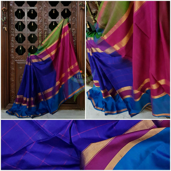 Royal blue chequered pure silk uppada with multi coloured woven border and contrasting pink pallu and blouse