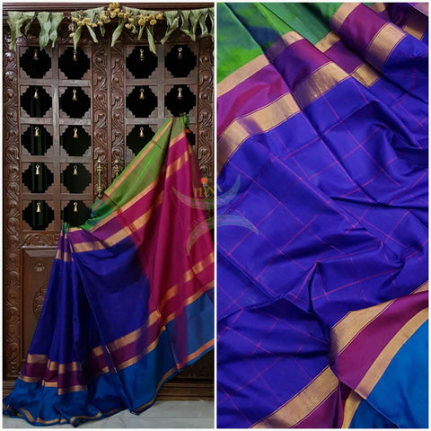 Royal blue chequered pure silk uppada with multi coloured woven border and contrasting pink pallu and blouse