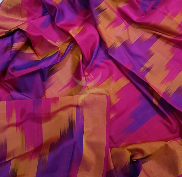 Pink purple with mustard pure silk pochampalli ikat with pink pallu and blouse and tissue border