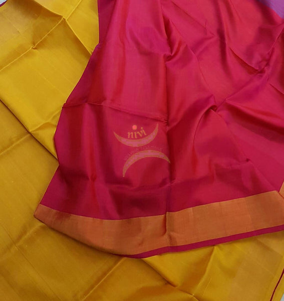 Yellow and pink half and half pure silk uppada with tissue border