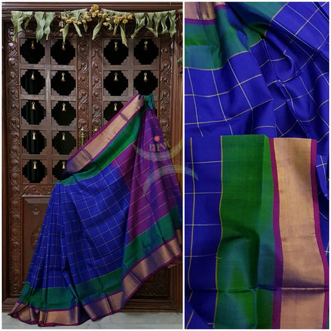 Royal blue chequered pure silk uppada with combination of green and tissue border and contrasting purple pallu and blouse