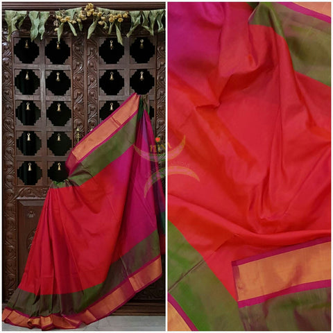 Red handloom pure silk uppada with contrasting pink pallu and blouse and woven green and tissue border