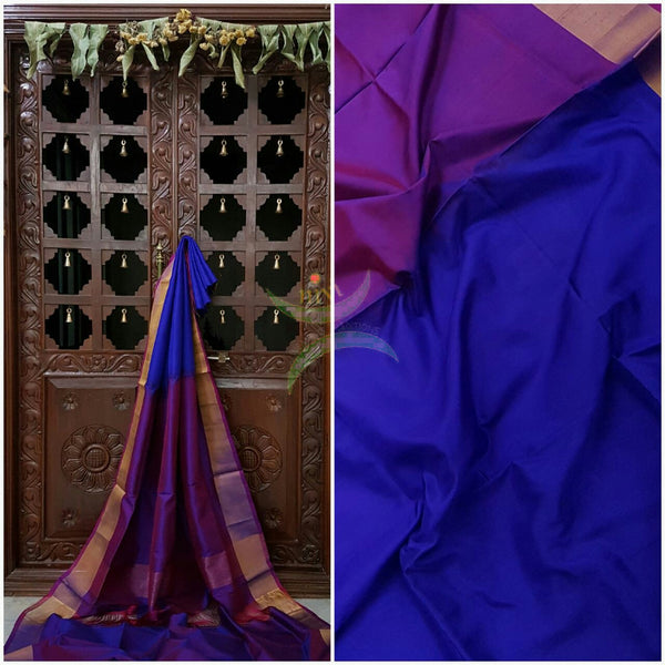 Royal blue pure silk uppada with contrasting purple pallu and blouse and tissue border