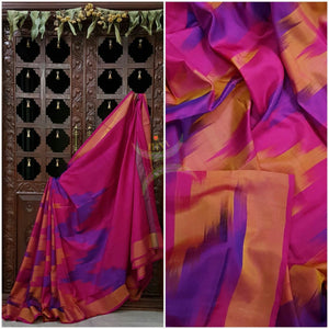 Pink purple with mustard pure silk pochampalli ikat with pink pallu and blouse and tissue border