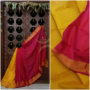 Yellow and pink half and half pure silk uppada with tissue border