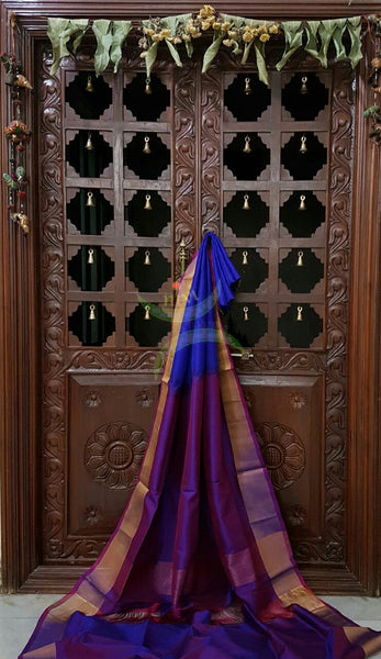 Royal blue pure silk uppada with contrasting purple pallu and blouse and tissue border