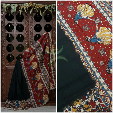 Black dye on dye chennur silk kalamkari with camel motif on border and dancing figures on pallu.