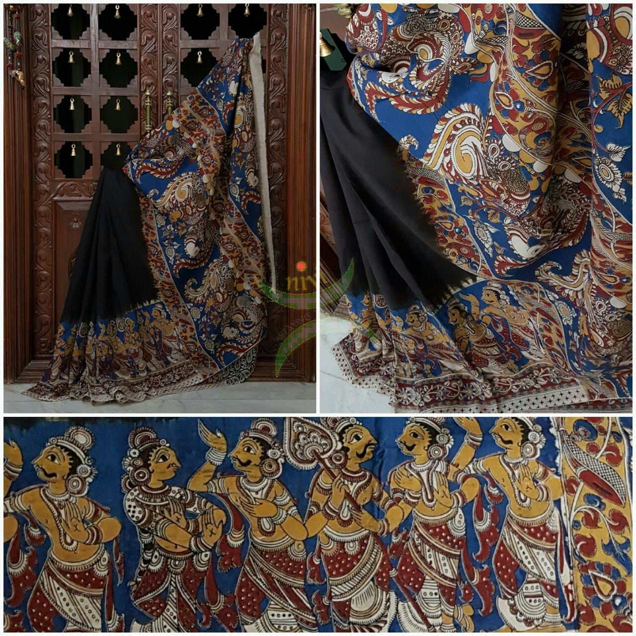 Black dye on dye chennur silk kalamkari with mythological figures on border and intricate peacock motif on pallu.
