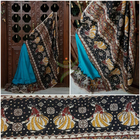 Blue dye on dye chennur silk kalamkari with dancing figures on border and pallu.