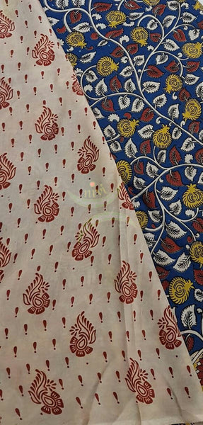 Blue chennur silk kalamkari with all over floral motif on body and border and intricate peacock motif on pallu.