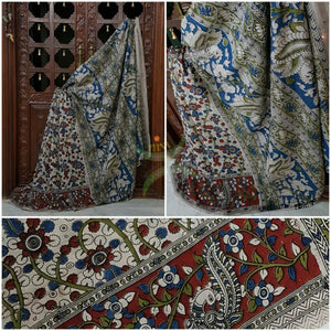 Off white chennur silk kalamkari with floral motif all over the body and peacock and floral motif on border and pallu.
