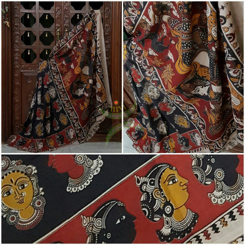 Black Chennur silk kalamkari with kathakali faces on body and border and lady figure on the pallu.