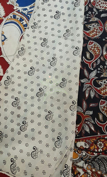 Black Chennur silk kalamkari with fish motif on body and peacock motif on border and pallu.