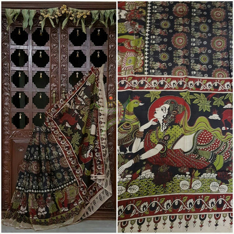 Chennur silk kalamkari with human figures on body, elephant motif on border and lady with peacock motif on pallu