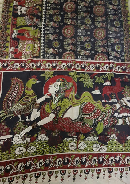 Chennur silk kalamkari with human figures on body, elephant motif on border and lady with peacock motif on pallu