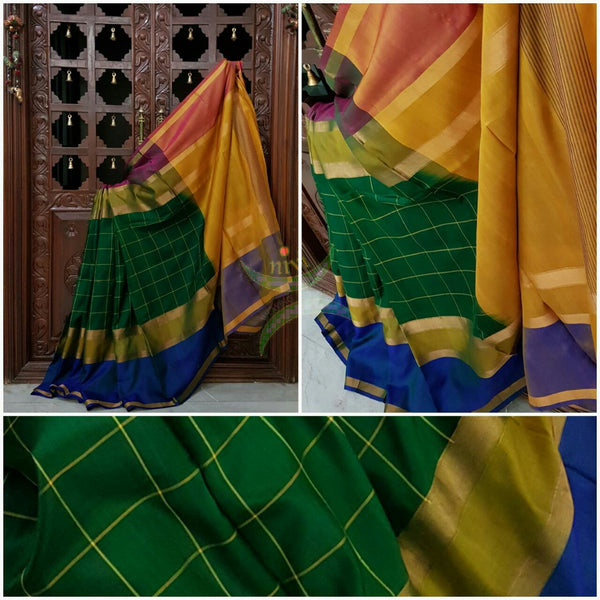 Green chequered pure silk uppada with contrasting mustard colour pallu and blouse and ganga jamuna tissue border of royal blue and maroon colour