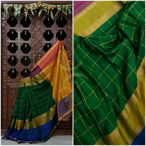 Green chequered pure silk uppada with contrasting mustard colour pallu and blouse and ganga jamuna tissue border of royal blue and maroon colour