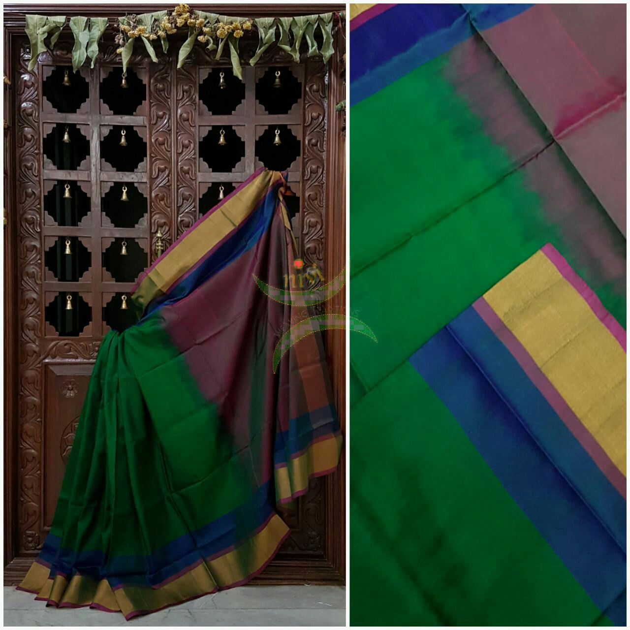 Green handloom pure silk uppada with contrasting maroon pallu and blouse and combination of woven maroon and tissue border