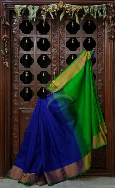 Royal blue handloom pure silk uppada with contrasting green pallu and blouse and tissue border