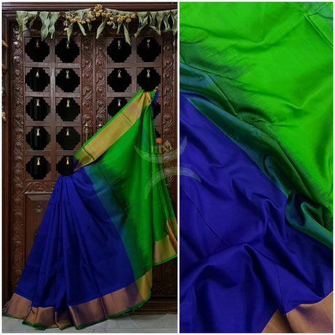 Royal blue handloom pure silk uppada with contrasting green pallu and blouse and tissue border