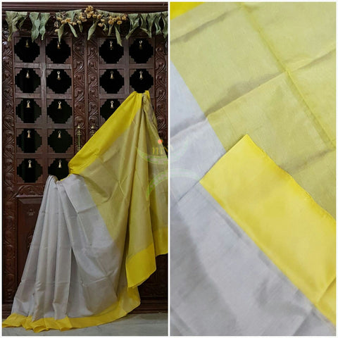 Silver grey pure silk tissue uppada with contrasting yellow blouse, pallu and border