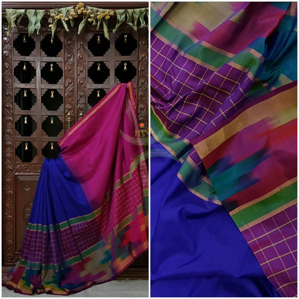 Royal blue handloom pure silk uppada with contrasting pink pallu and blouse and combination of checks and pochampalli border