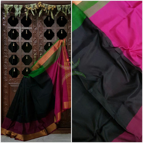 Black handloom pure silk uppada with contrasting pink pallu and blouse and ganga jamuna tissue border of maroon green colour