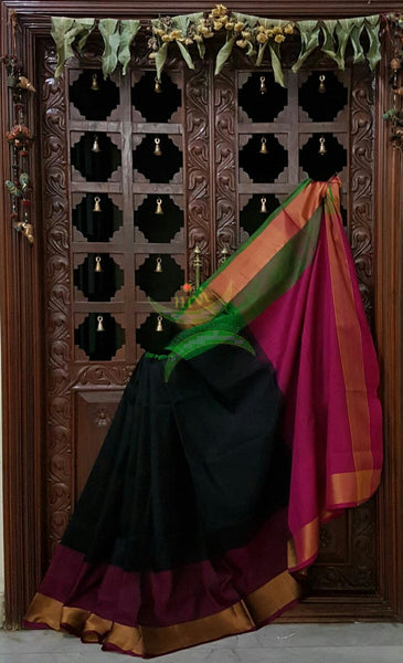 Black handloom pure silk uppada with contrasting pink pallu and blouse and ganga jamuna tissue border of maroon green colour