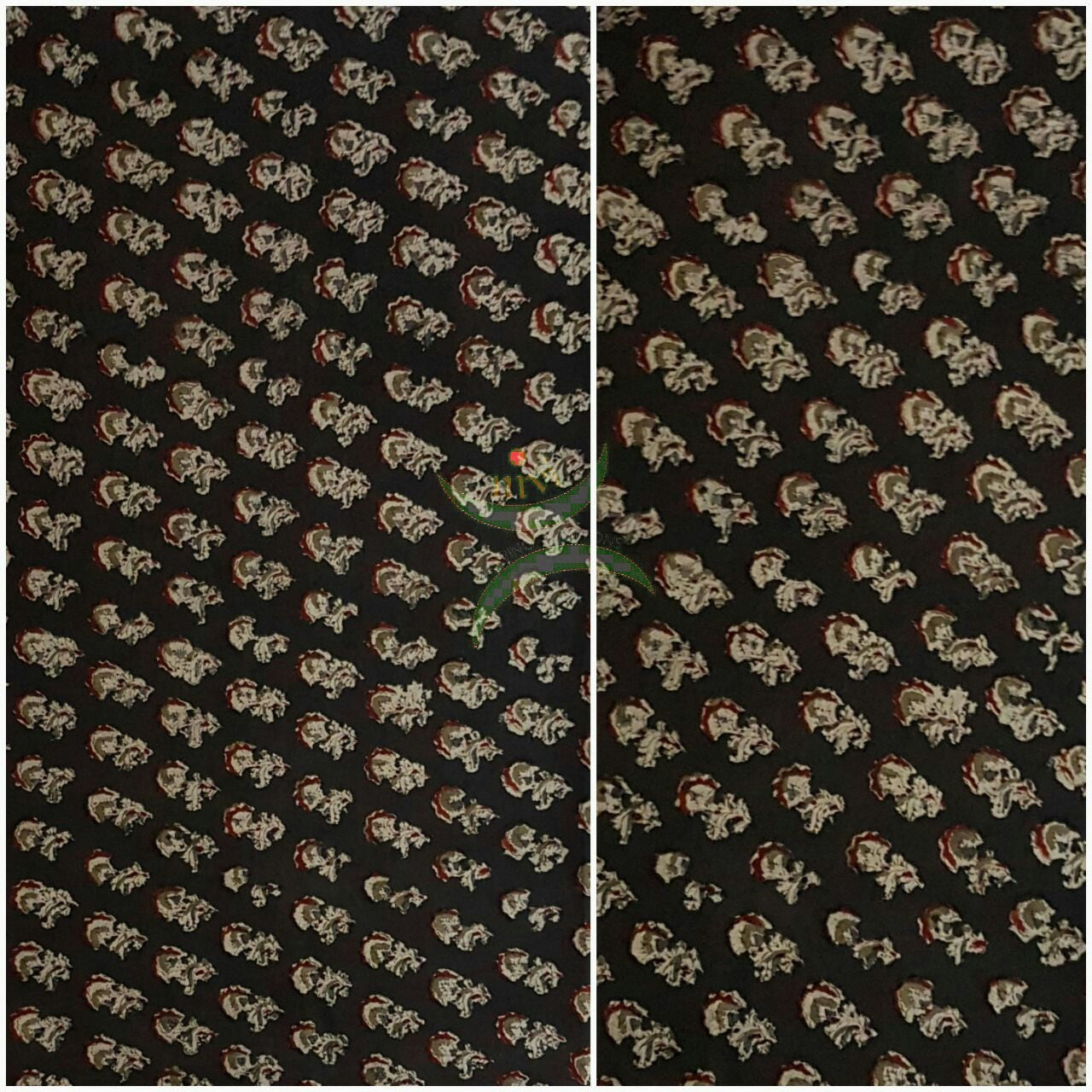 Black handwoven cotton kalamkari material with floral motifs.
