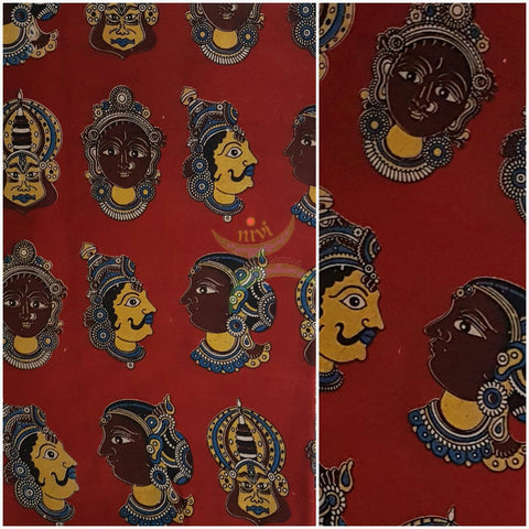 Red handwoven cotton kalamkari material with Kathakali face motifs.