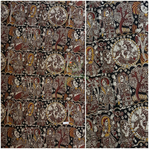 Black handwoven cotton kalamkari material with God motifs.