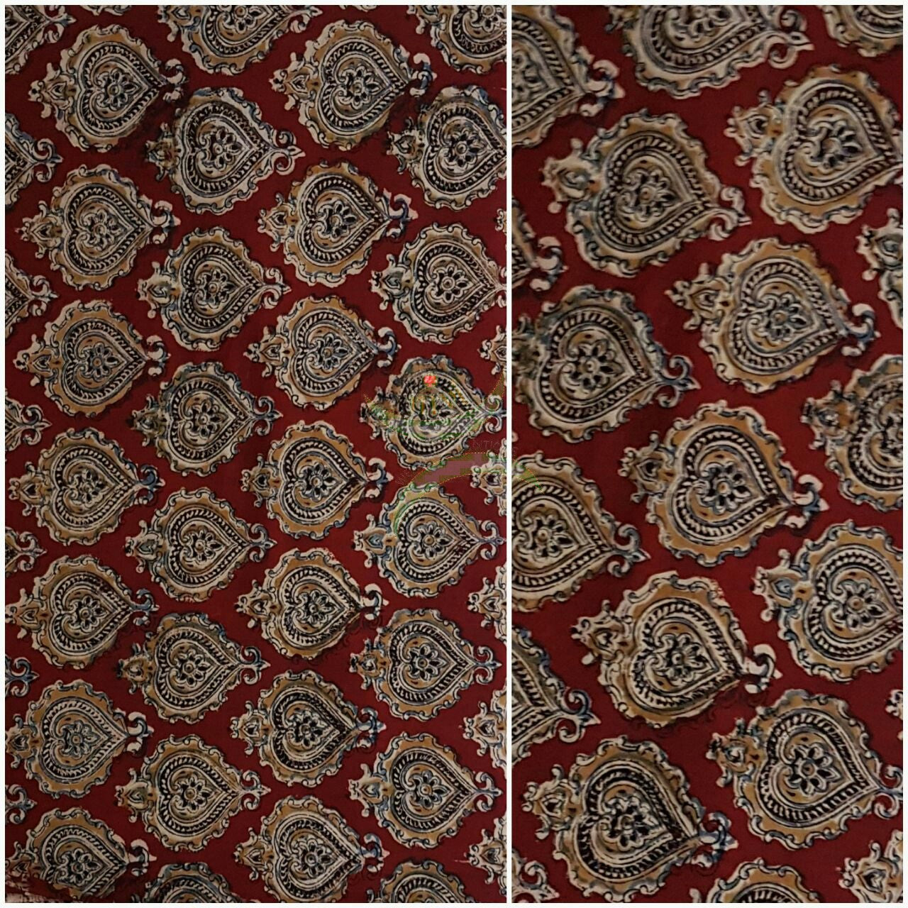 Maroon handwoven cotton kalamkari material with floral motifs.