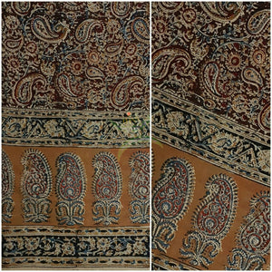 Maroon mustard handwoven cotton kalamkari material with Paisley motifs.