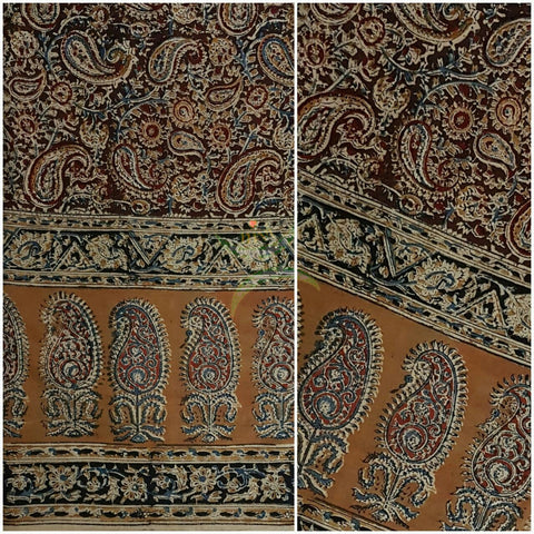 Maroon mustard handwoven cotton kalamkari material with Paisley motifs.
